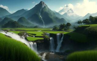 Reis Feld mit Berg und Wasserfall im Thailand, generativ ai Illustration. foto