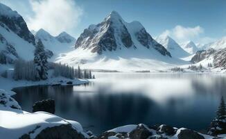 See und schneebedeckt Berg Hintergrund, generativ ai Illustration. foto