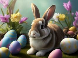 glücklich Hase Kaninchen mit Ostern Eier, generativ ai Illustration. foto