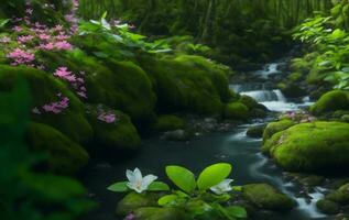 ein Fluss im Wald mit viele Pflanzen, generativ ai Illustration. foto
