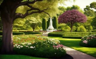 ein Park mit reifen Bäume und Blumen, generativ ai Illustration. foto