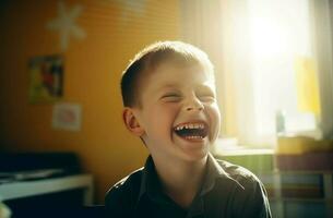 Lachen Kind Klassenzimmer glücklich. generieren ai foto
