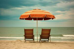 entspannend Strand Stühle Regenschirm. generieren ai foto