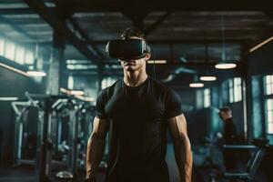 Mann vr Glas Ausbildung im modern Fitnessstudio. generieren ai foto