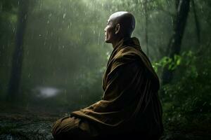 Mönch Meditation Wald Regen. generieren ai foto