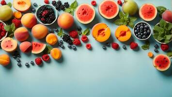 Sommer- Vitamin Essen Konzept, verschiedene Obst und Beeren Wassermelone Pfirsich Minze Pflaume Aprikosen Blaubeere Johannisbeere, kreativ eben legen auf Licht Blau Hintergrund oben Aussicht Kopieren Raum. ai generiert foto