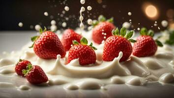 Erdbeeren mit Milch Spritzen. ai generiert foto