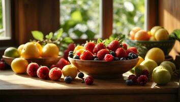 frisch Obst im das Küche auf ein hölzern Tabelle durch das sonnig Fenster. ai generiert foto