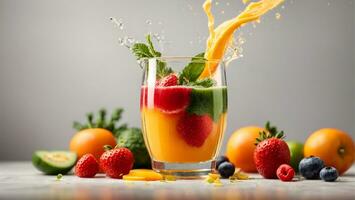 frisch Saft gießt von Obst und Gemüse in das Glas isoliert auf Weiß Hintergrund.. ai generiert foto