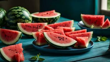 Scheiben von Wassermelone auf Blau hölzern Schreibtisch.. ai generiert foto