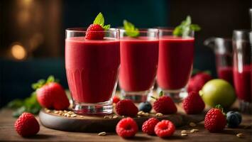 gesund appetitlich rot Smoothie Dessert im Brille. ai generiert foto