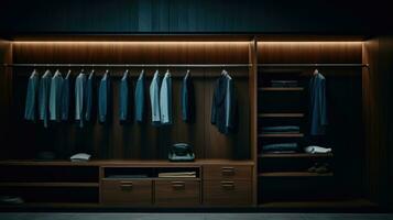 modern Dressing Zimmer zum Männer. modern Kleiderschrank mit stilvoll Kleider foto