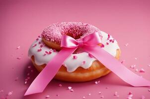 ai generiert Bild zum Valentinstag oder Geburtstag Tag mit Rosa Band und Süss Krapfen. foto