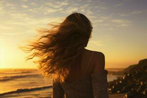 Mädchen auf Strand Sonnenuntergang Wind. generieren ai foto