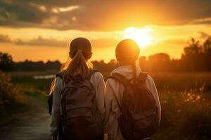 Mädchen Studenten Sonnenuntergang Freizeit. generieren ai foto