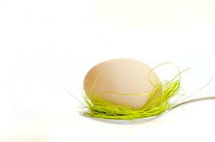 Ostern Ei gehalten auf das Besteck auf ein Weiß Hintergrund foto