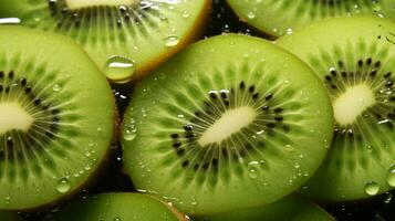 Kiwi Scheiben mit Wasser Hintergrund. schließen hoch, Wasser Tropfen. generativ ai foto