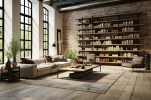 Dachboden Leben Zimmer mit Glas Regale 3d Modell- foto