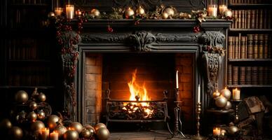 Neu Jahre Geschenke durch das Kamin, festlich Weihnachten Innere von ein Haus mit ein Weihnachten Baum - - ai generiert Bild foto