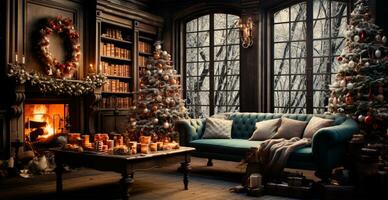 festlich Weihnachten Innere von ein Haus mit ein Weihnachten Baum und Neu Jahre Geschenke durch das Kamin - - ai generiert Bild foto