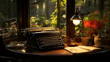 alt gestaltet Schreibmaschine auf hölzern Tisch, umgeben durch Antiquität Bücher generiert durch ai foto