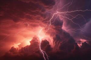 unheimlich Hintergrund von dunkel rot Sturm Wolken und fesselnd Blitz. ai generiert foto