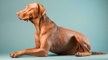 schön ungarisch vizsla Hund voll Körper Studio Porträt Blau Hintergrund ai generiert foto