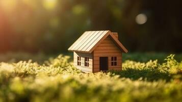 Kopieren Raum von Zuhause und Leben Konzept. klein Modell- Zuhause auf Grün Gras mit Sonnenlicht abstrakt ai generiert foto