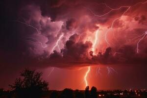 dunkel rot stürmisch Himmel beleuchtet durch dramatisch apokalyptisch Blitz. ai generiert foto