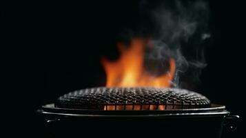 Grill Inferno, schwarz Hintergrund mit ein lodernd Feuer auf das Grill. ai generiert foto