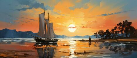 Segeln Boot im das Meer beim Sonnenuntergang. Digital Öl Farbe malen. ai generiert. foto