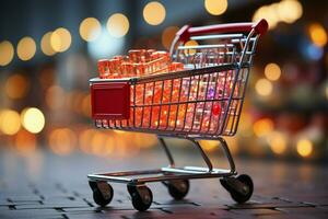 Wagen und Handel Supermarkt Einkaufen gefangen gegen verschwommen Geschäft Bokeh Ambiente ai generiert foto