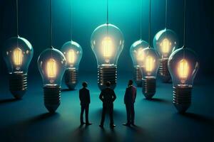 Geschäft Mannschaft Blicke beim Licht Glühbirnen auf Blau Hintergrund ai generiert foto