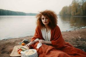 Frau See Picknick Natur. generieren ai foto