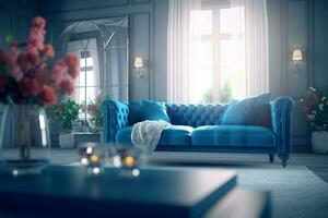 Blau Sofa Zimmer. generieren ai foto