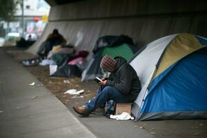 Stadt obdachlos Zelte. generieren ai foto