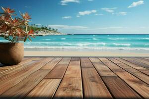 direkt am Strand Präsentation Holz Deck gegen verwischen Strand, Ideal zum präsentieren Ihre Produkte ai generiert foto