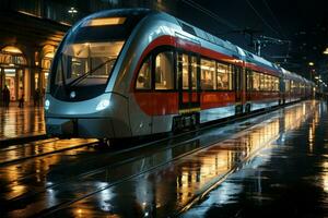 modern Zug erreicht Plattform im Nacht Aussicht von geschäftig Zug Bahnhof Panorama ai generiert foto