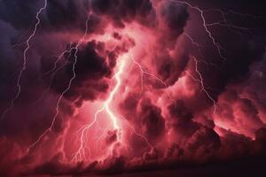 unheimlich Hintergrund von dunkel rot Sturm Wolken und fesselnd Blitz. ai generiert foto