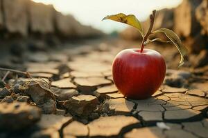 Wüste Szene Apfel auf geknackt Erde bedeutet Essen Unsicherheit, Wasser Mangel, landwirtschaftlich Krise ai generiert foto