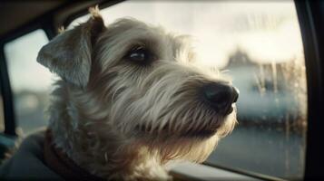 glücklich Hund auf ein Straße Ausflug mit es ist Eigentümer. ai generiert foto