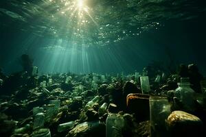 öffnen Meer verdorben durch Plastik Flaschen und Mikroplastik, Hervorheben das Herausforderung von Verschmutzung ai generiert foto