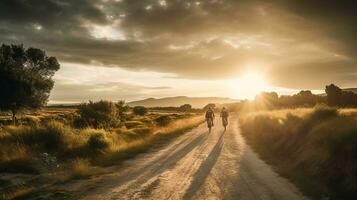 erkunden das draußen, Radfahrer auf ein szenisch Sonnenuntergang Straße - - zurück Aussicht ai generiert foto