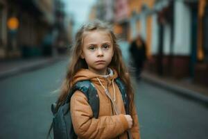 ernst Schule Mädchen Rucksack Porträt. generieren ai foto