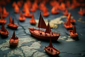 navigieren Erfolg rot Führer Boot lenkt Papier Flotte auf global Karte, abbilden Wirksam Führung ai generiert foto