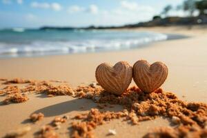 herzlich Verbindung zwei handgeschrieben Herzen auf sandig Strand, gerahmt durch tropisch Hintergrund ai generiert foto