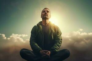 Mann Morgen Meditation. generieren ai foto