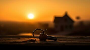 Silhouette von ein Haus Zahl mit ein Taste, ein Stift mit ein Schlüsselbund auf das Hintergrund von das Sonnenuntergang ai generiert foto