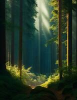 ein Wald mit ein Pfad und das Sonne leuchtenden durch das Wald ai generiert foto