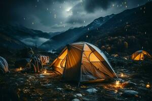 Camping im Dunkelheit Zelte Gegenwart Markierungen ein friedlich Nächte Abenteuer ai generiert foto